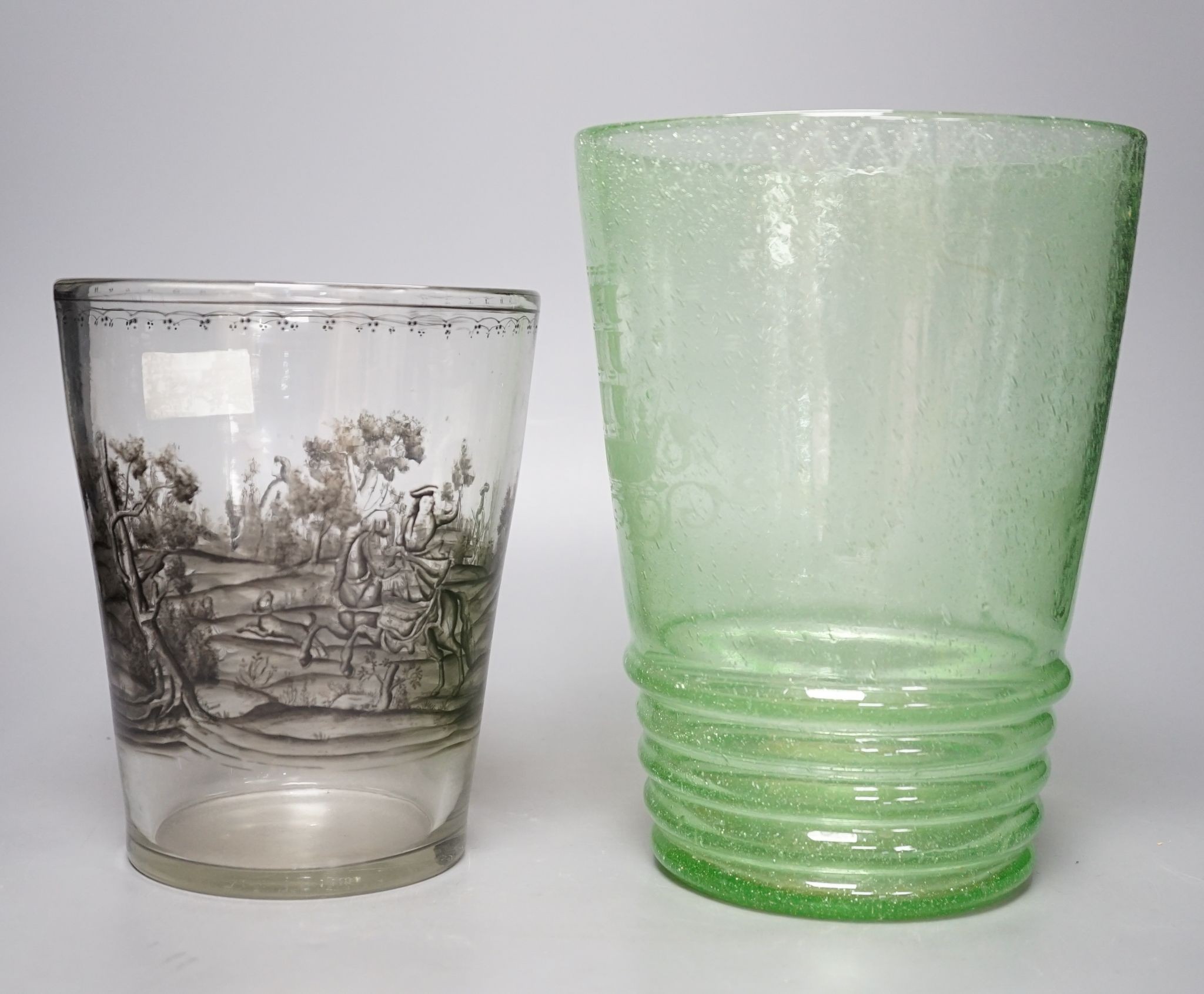 A Bohemian enamelled beaker vase and a green glass vase, 26cm